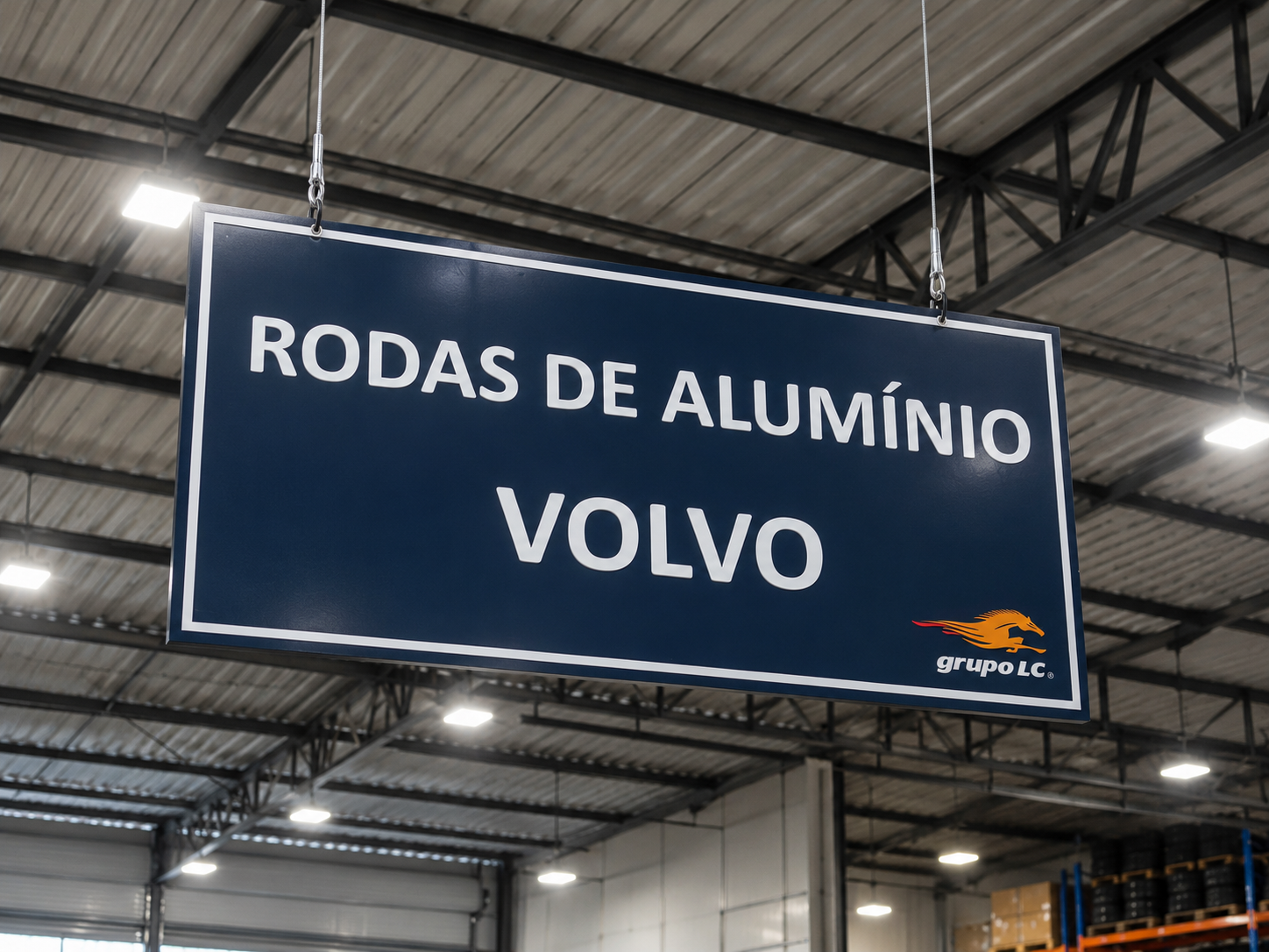 Placa de sinalização suspensa em ambiente industrial